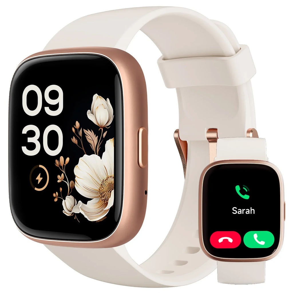 A digital smart watch with a pink band and a gold-colored case, displaying time and fitness metrics on its screen. The watch is advertised with features such as Alexa built-in, heart rate monitor, sleep tracker, and is compatible with Android and iOS.