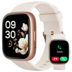 A digital smart watch with a pink band and a gold-colored case, displaying time and fitness metrics on its screen. The watch is advertised with features such as Alexa built-in, heart rate monitor, sleep tracker, and is compatible with Android and iOS.