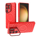 A black silicone phone case for Samsung with a magnetic lens stand, showcasing the front and back view of the case with the phone's camera and charging port protected.