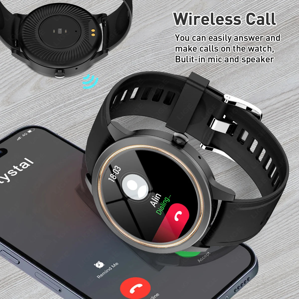 LIGE 2025 smartwatch with a round display in two color variations: black and gold, and beige. The watch features a silicone band and a digital face with various function indicators.