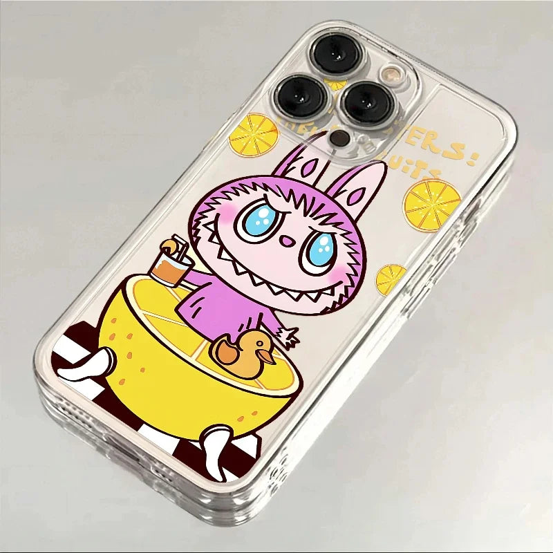 Phone case with a cartoon character design on a gray background