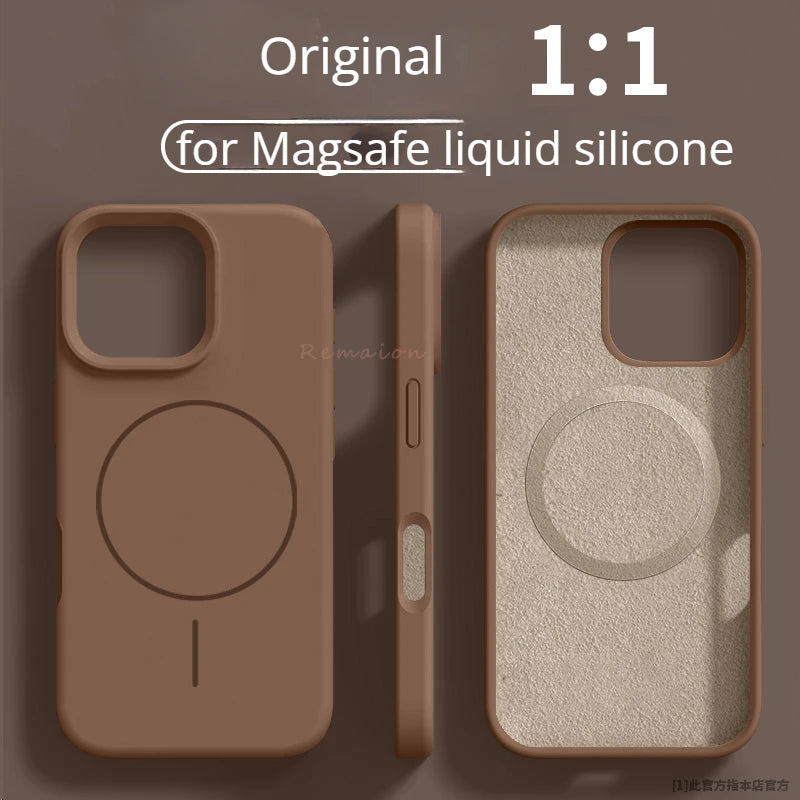 A solid brown liquid silicone Magsafe case for various iPhone models, showing the front and back view of the case.
