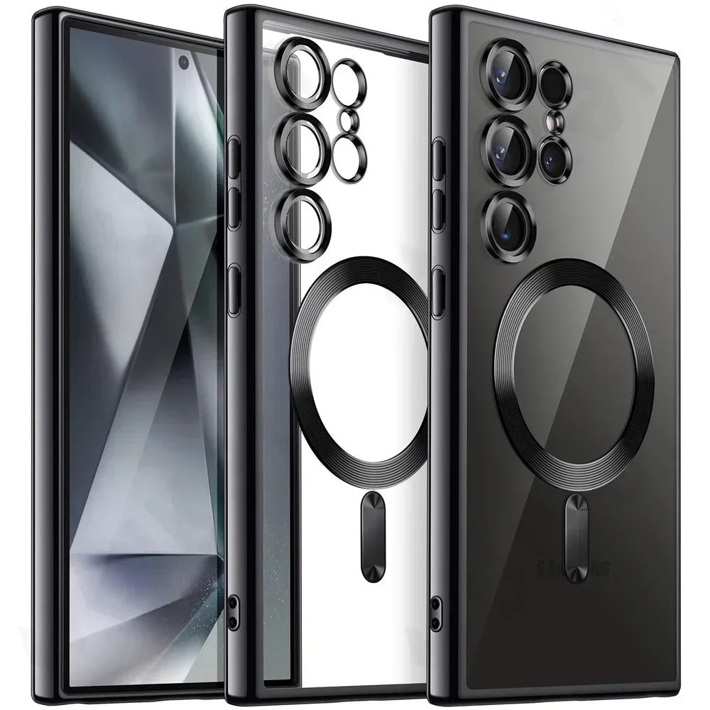 A clear silicone case for Samsung Galaxy S25 Ultra Plus with a built-in magnetic car mount and camera lens protector.