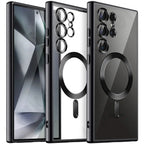 A clear silicone case for Samsung Galaxy S25 Ultra Plus with a built-in magnetic car mount and camera lens protector.