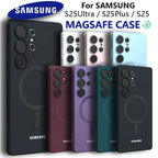 A series of Samsung Galaxy phone cases in various colors, each featuring a MagSafe circular design on the back, indicating compatibility with the S25 series.