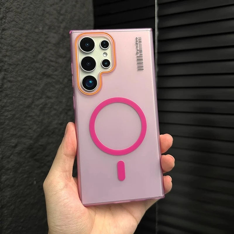 Two smartphone cases with MagSafe compatibility, one in white and one in gray, displayed on a flat surface.