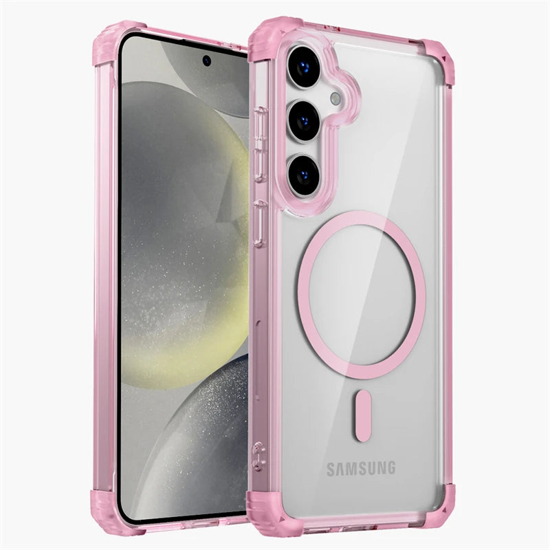 A clear, hard case for Samsung Galaxy smartphones with a magnetic charging circle on the back, providing full coverage and protection.