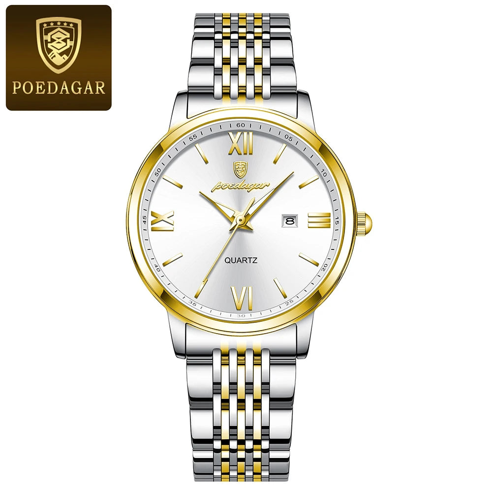A quartz watch for women with a stainless steel strap, featuring a silver and gold color scheme, with a hardlex dial window and luminous hands.