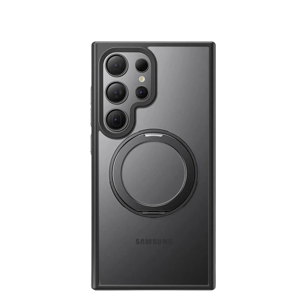 Two Samsung Galaxy phone cases, one with a magnetic ring holder and one without, in a matte black finish.