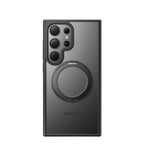 Two Samsung Galaxy phone cases, one with a magnetic ring holder and one without, in a matte black finish.