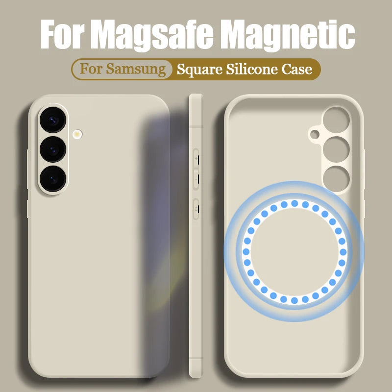A white silicone phone case for Samsung Galaxy with a magnetic ring for Magsafe wireless charging, displayed from multiple angles.