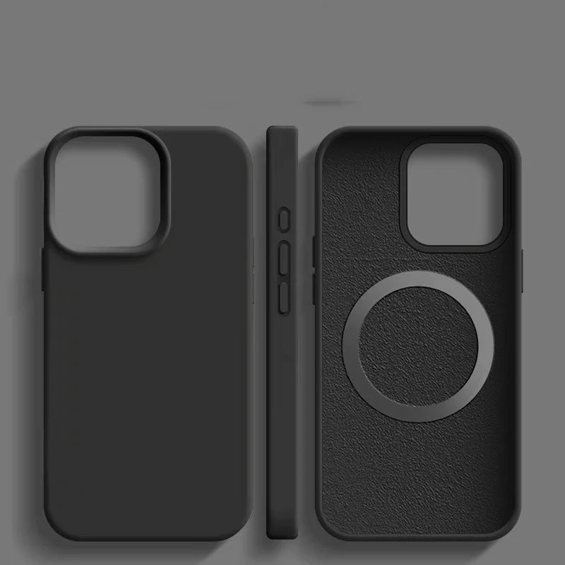 A gray silicone magnetic phone case for iPhone, shown from multiple angles, with a focus on the MagSafe charging feature.