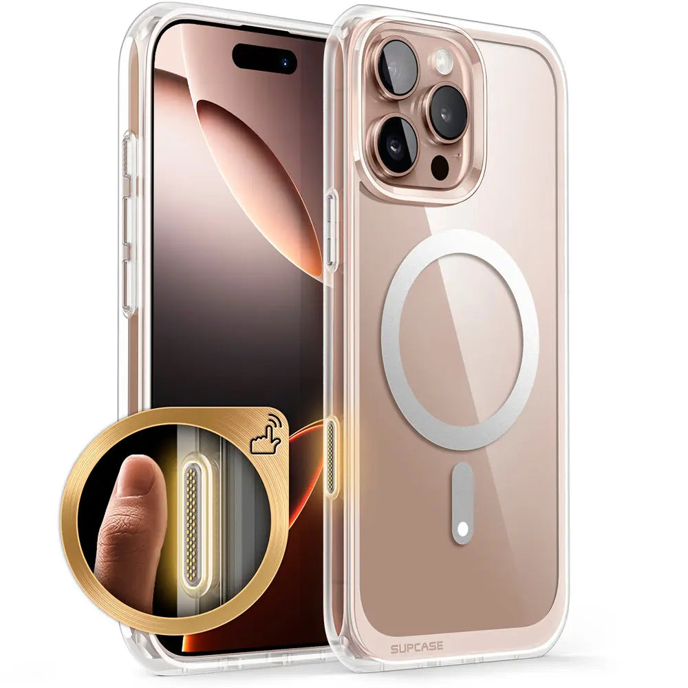 A clear iPhone case with black edging, featuring a built-in camera control capture button and MagSafe compatibility.