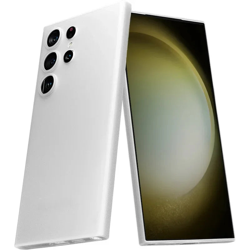 Translucent, shockproof, matte black case for Samsung Galaxy S25 S24 Ultra Plus. It highlights the case's feature of being ultra-thin and fitting snugly around the phone with a frosted matte finish.