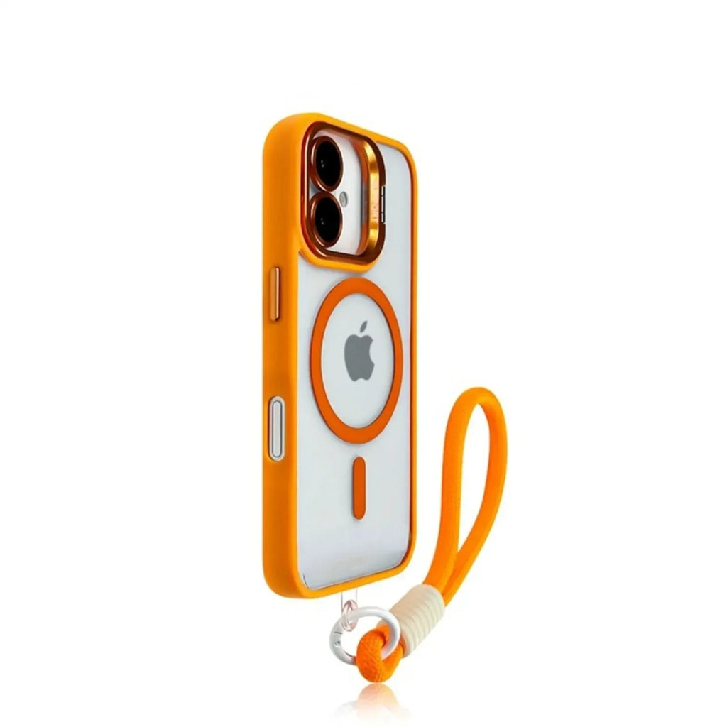 A clear plastic case for an iPhone with a magnetic ring stand and a lanyard attached.