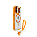 A clear plastic case for an iPhone with a magnetic ring stand and a lanyard attached.