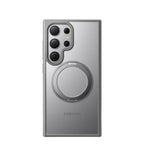 Two Samsung Galaxy phone cases, one with a magnetic ring holder and one without, in a matte black finish.