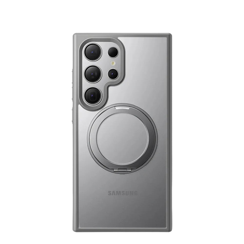 Two Samsung Galaxy phone cases, one with a magnetic ring holder and one without, in a matte black finish.