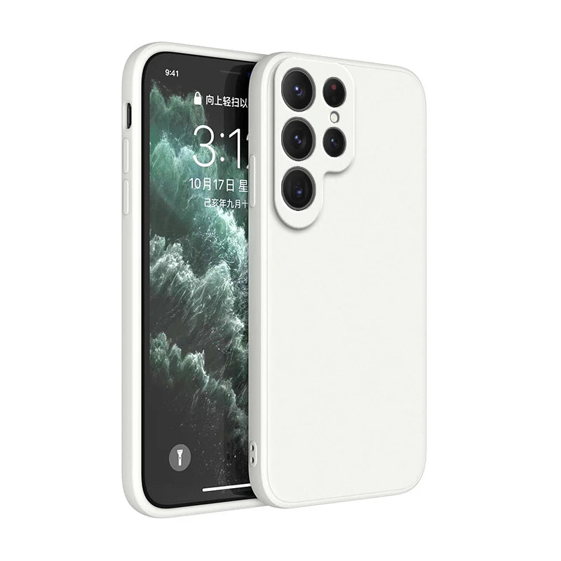 Mobile phone cases, one blue and one white, displayed side by side with a camera lens protection feature visible.