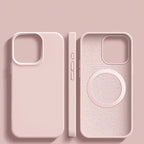 A gray silicone magnetic phone case for iPhone, shown from multiple angles, with a focus on the MagSafe charging feature.