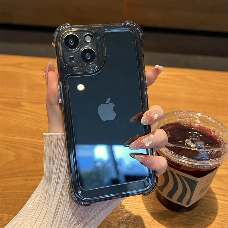 A clear, shockproof bumper case for an iPhone, displaying the case's transparency and its ability to cover the phone's camera and ports.