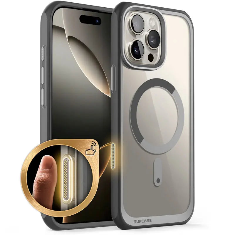 A clear back iPhone case with black edging, featuring a built-in camera control capture button and MagSafe compatibility.