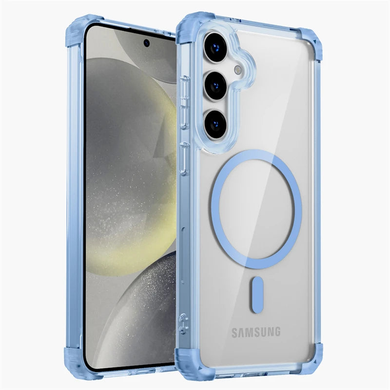 A clear, hard case for Samsung Galaxy smartphones with a magnetic charging circle on the back, providing full coverage and protection.