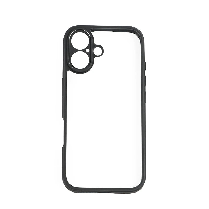 A clear protective case for iPhone 16 Plus, showcasing the front and back view of the case with the Apple logo visible.