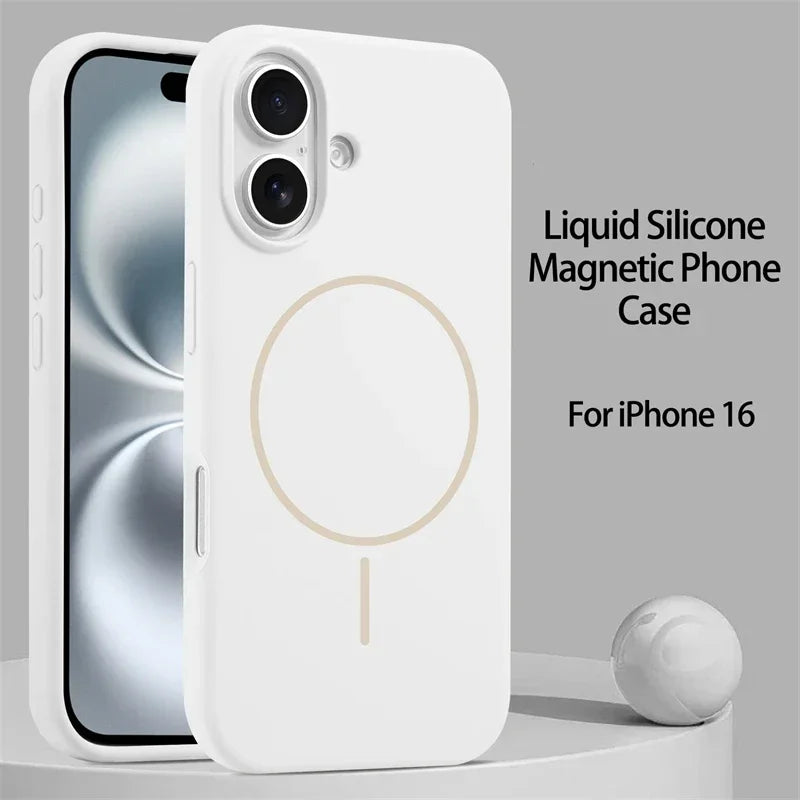 Liquid silicone Magsafe case for iPhone, showing front and back views of the case, with a circular Magsafe charging area visible on the back.