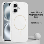 Liquid silicone Magsafe case for iPhone, showing front and back views of the case, with a circular Magsafe charging area visible on the back.