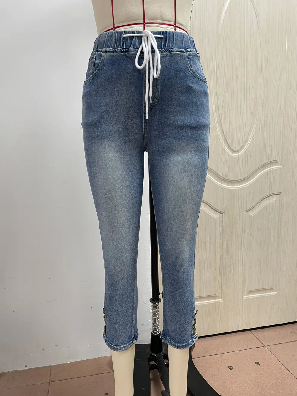 Calf-Length Jeans Fashion Skinny High Stretch Elastic Waist Denim Pencil Pants