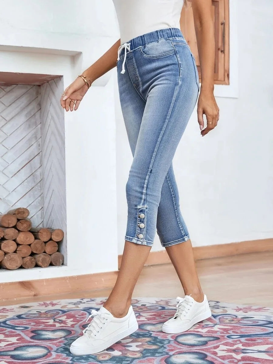 Calf-Length Jeans Fashion Skinny High Stretch Elastic Waist Denim Pencil Pants