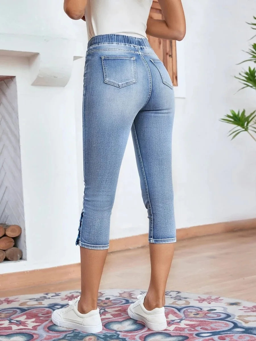 Calf-Length Jeans Fashion Skinny High Stretch Elastic Waist Denim Pencil Pants