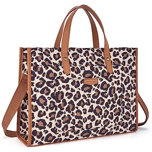 Missnine Leopard Print Tote Bag Canvas Laptop Bag 15.6'' Work Shoulder Bags Casual Briefcase Handbag for Travel Office College