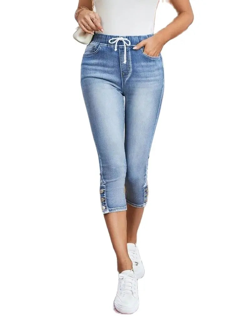 Calf-Length Jeans Fashion Skinny High Stretch Elastic Waist Denim Pencil Pants