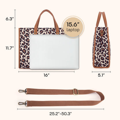 Missnine Leopard Print Tote Bag Canvas Laptop Bag 15.6'' Work Shoulder Bags Casual Briefcase Handbag for Travel Office College