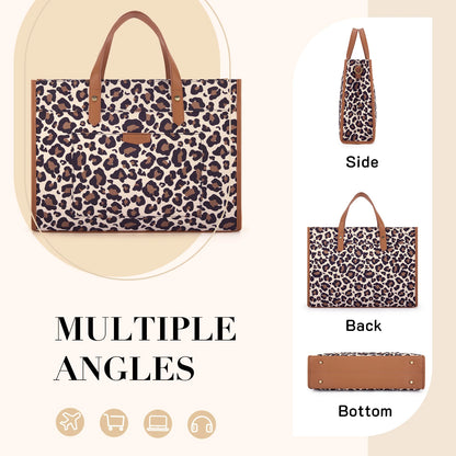 Missnine Leopard Print Tote Bag Canvas Laptop Bag 15.6'' Work Shoulder Bags Casual Briefcase Handbag for Travel Office College