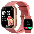 A digital smart watch with a pink band and a gold-colored case, displaying time and fitness metrics on its screen. The watch is advertised with features such as Alexa built-in, heart rate monitor, sleep tracker, and is compatible with Android and iOS.