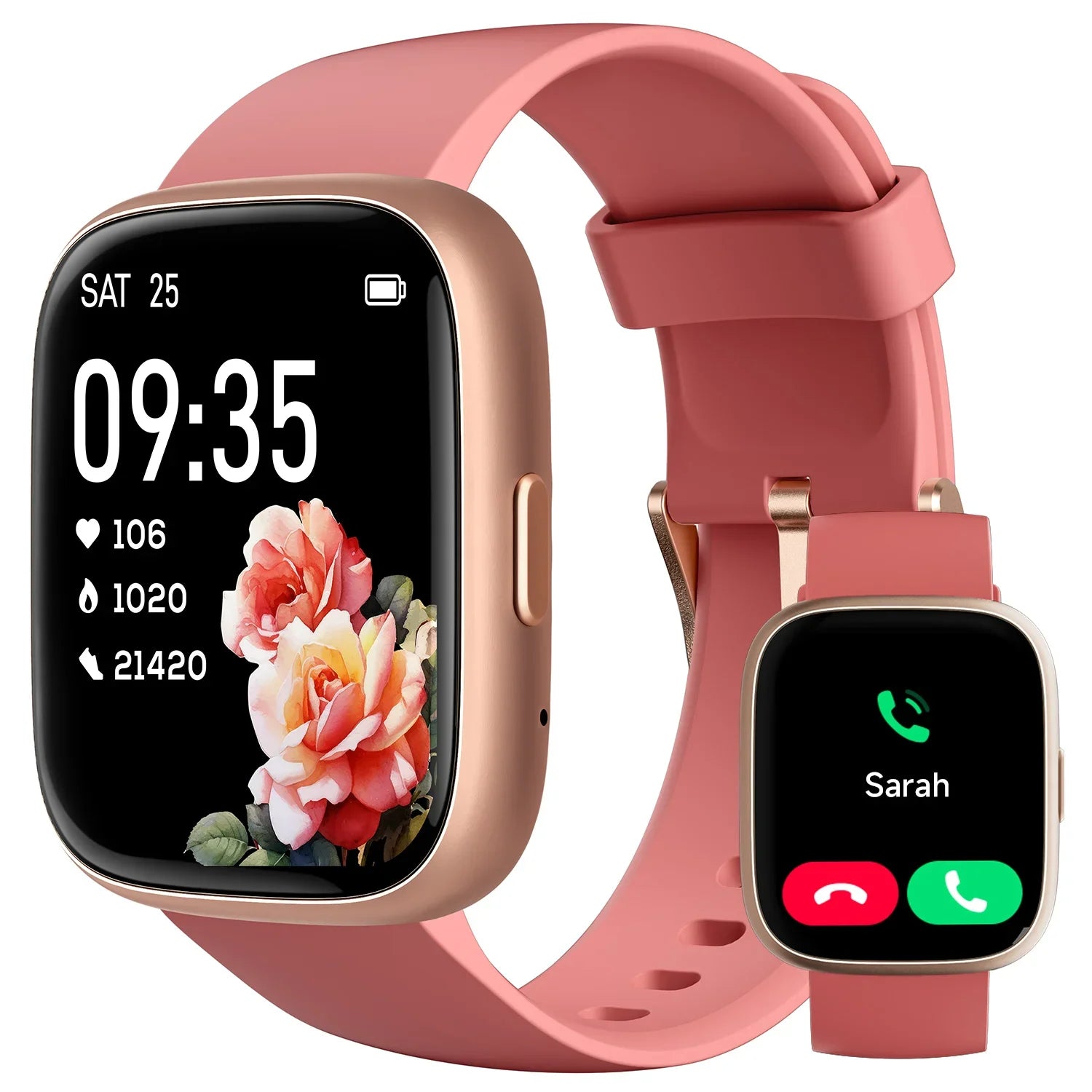 A digital smart watch with a pink band and a gold-colored case, displaying time and fitness metrics on its screen. The watch is advertised with features such as Alexa built-in, heart rate monitor, sleep tracker, and is compatible with Android and iOS.