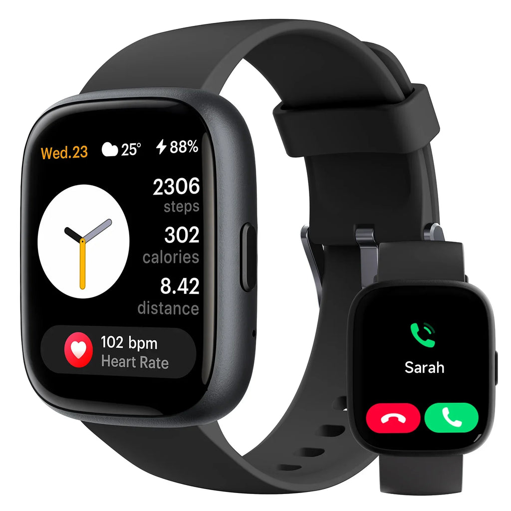 A digital smart watch with a pink band and a gold-colored case, displaying time and fitness metrics on its screen. The watch is advertised with features such as Alexa built-in, heart rate monitor, sleep tracker, and is compatible with Android and iOS.