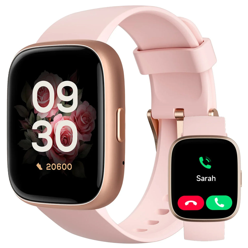 A digital smart watch with a pink band and a gold-colored case, displaying time and fitness metrics on its screen. The watch is advertised with features such as Alexa built-in, heart rate monitor, sleep tracker, and is compatible with Android and iOS.