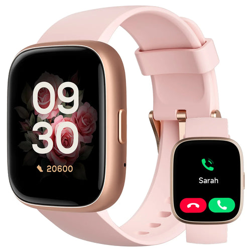 A digital smart watch with a pink band and a gold-colored case, displaying time and fitness metrics on its screen. The watch is advertised with features such as Alexa built-in, heart rate monitor, sleep tracker, and is compatible with Android and iOS.