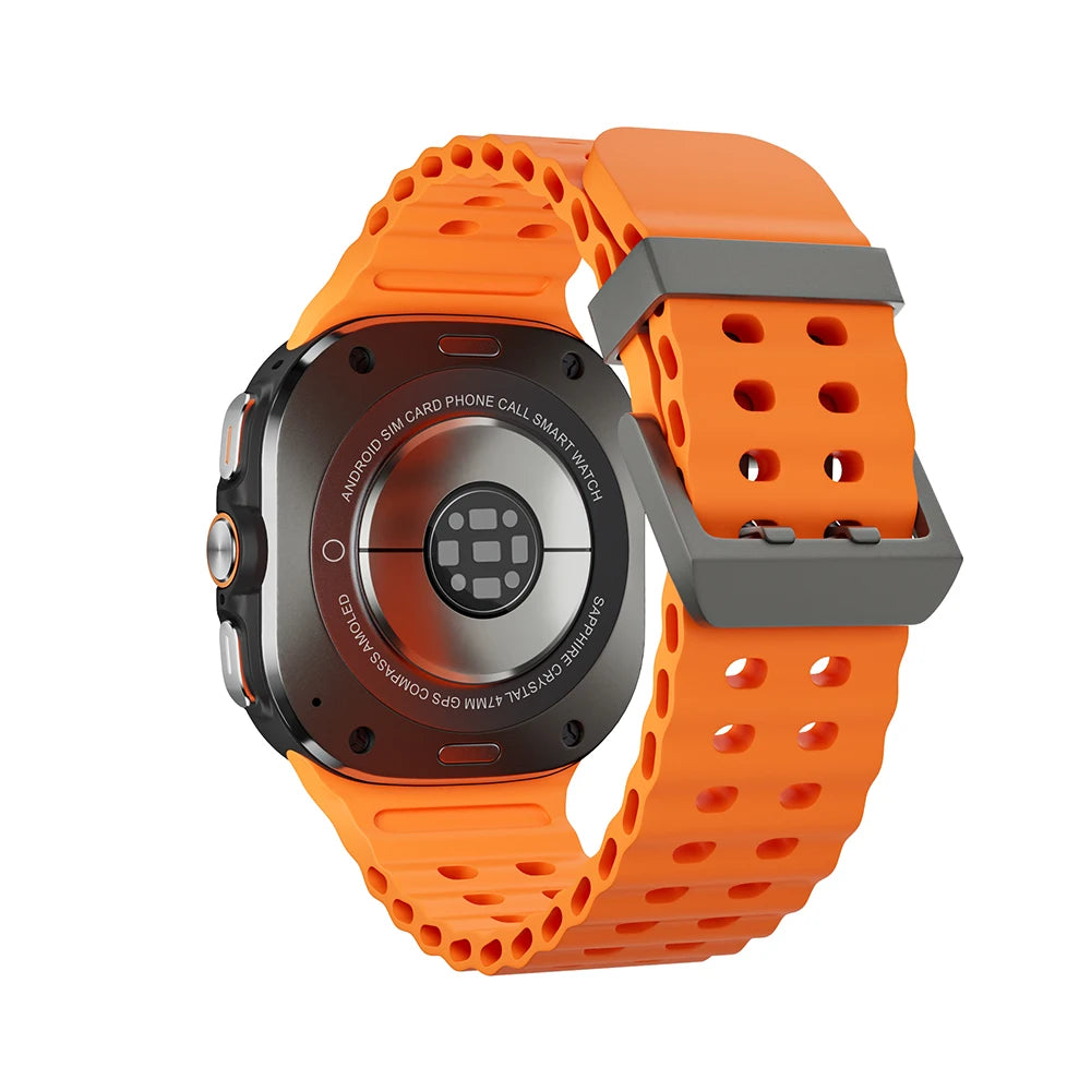 An Android smartwatch with a black case and orange band, displaying various smart watch features like fitness tracking, GPS, and notifications.