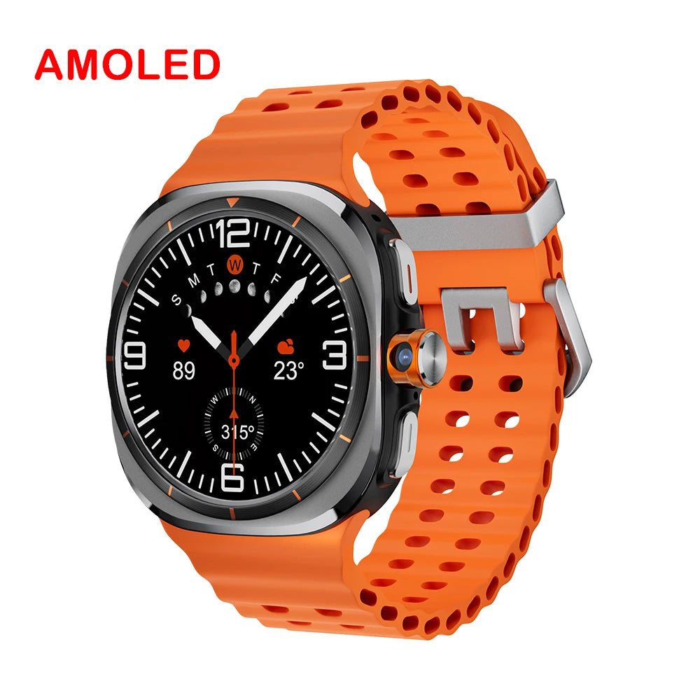 An Android smartwatch with a black case and orange band, displaying various smart watch features like fitness tracking, GPS, and notifications.