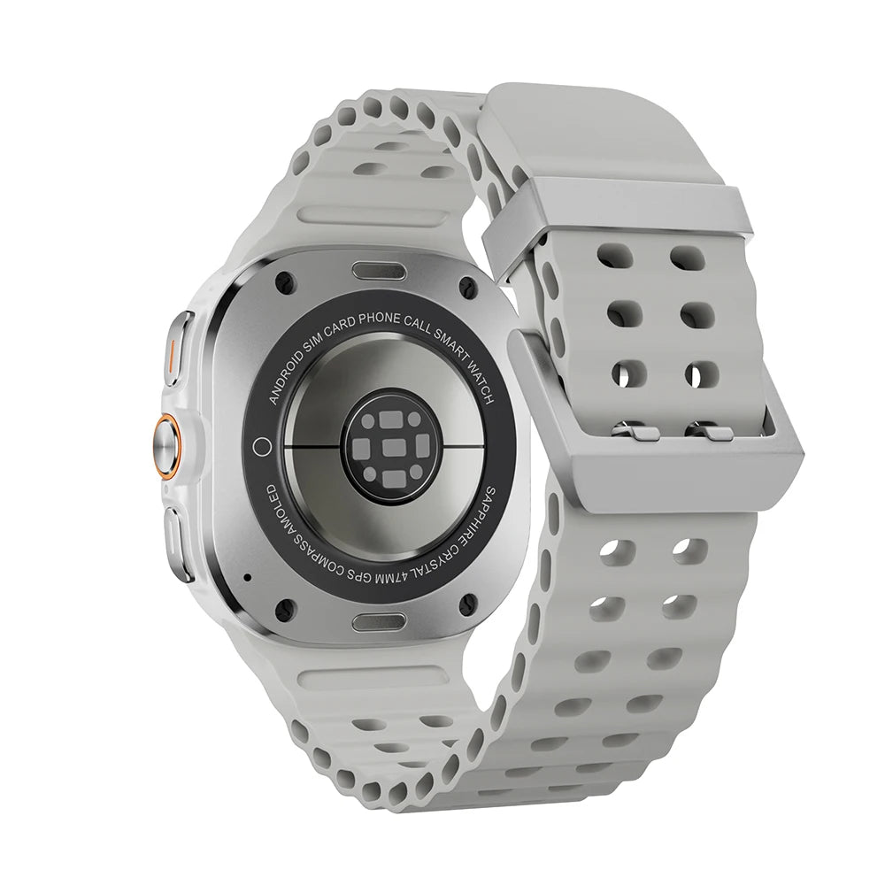 An Android smartwatch with a black case and orange band, displaying various smart watch features like fitness tracking, GPS, and notifications.