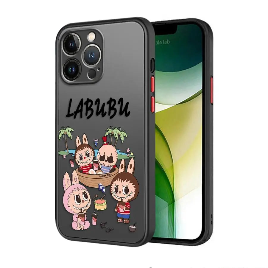 Phone case with cartoon characters and 'LABUBU' branding on a white background