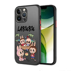 Phone case with cartoon characters and 'LABUBU' branding on a white background