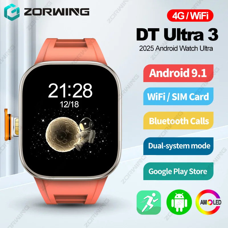 AORWING DT Ultra 3 smartwatch, displaying the watch on a wrist with a red band, showing features like time, weather, and fitness tracking, and indicating Android 9.1 compatibility.