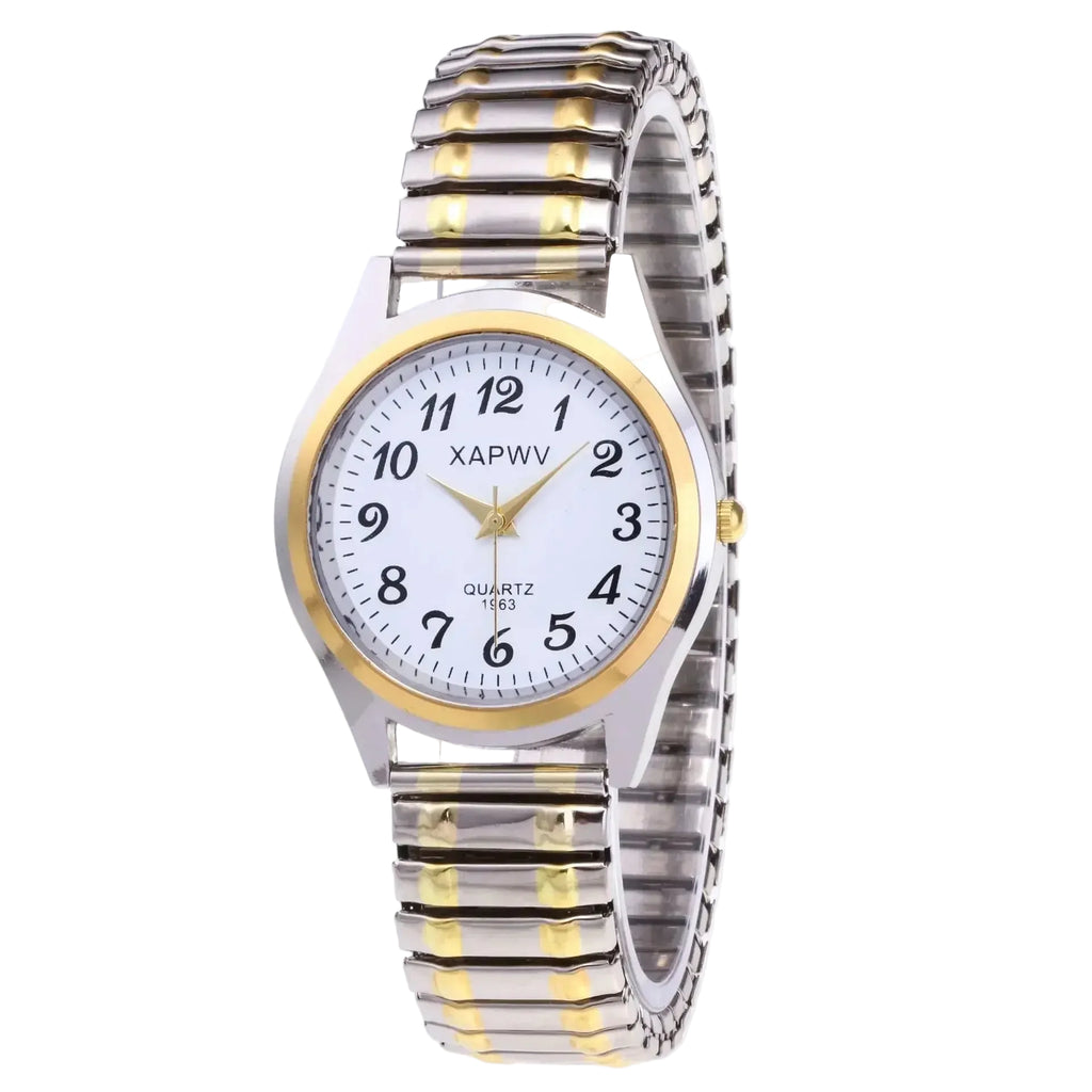 Two analog quartz wrist watches, one with a silver band and case, white dial with black numerals, and the other with a gold tone band and case, white dial with gold numerals.