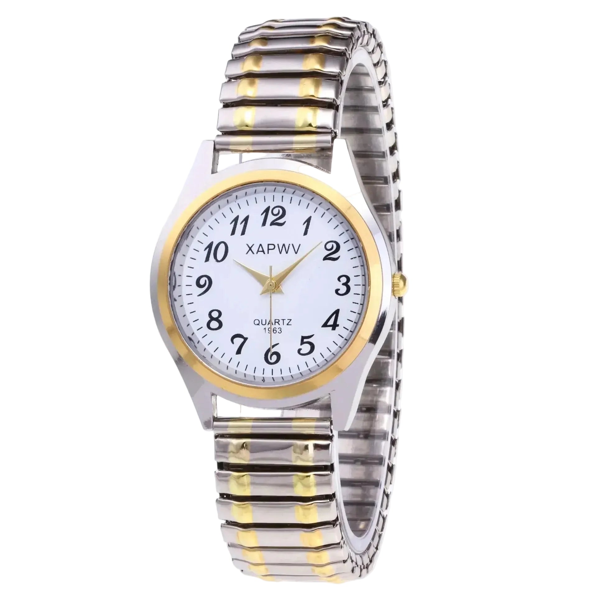 Two analog quartz wrist watches, one with a silver band and case, white dial with black numerals, and the other with a gold tone band and case, white dial with gold numerals.